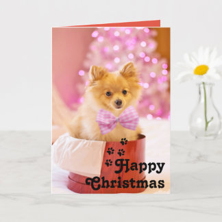 Cartão Lindo Cachorrinho com Laço Rosa & Feliz Natal Cart