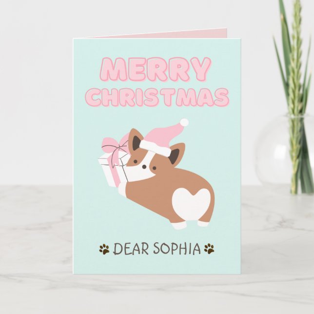 Cartão Lindo Cachorro em um Chapéu e Presente Pastel Feli (Frente)