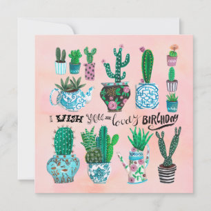 Cartão Lindo cacto rosa & verde aniversário de quem ama p