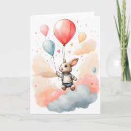 Cartão Lindo Coelho de Aquarela Grande Balão Vermelho Vaz