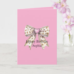 Cartão Lindo Coração Rosa Leopardo Menina Arco Aniversári