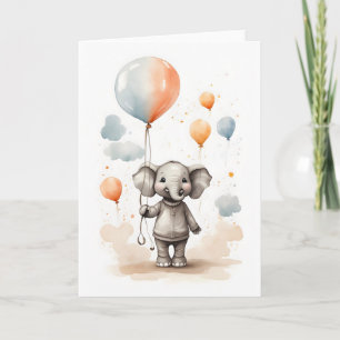Cartão Lindo Elefante Aquarela Balões Vermelhos Azuis Bra