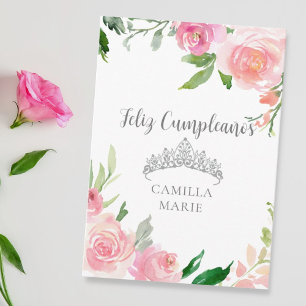 Cartão Lindo Floral Cor-de-Rosa Tiara Feliz Cumpleaños