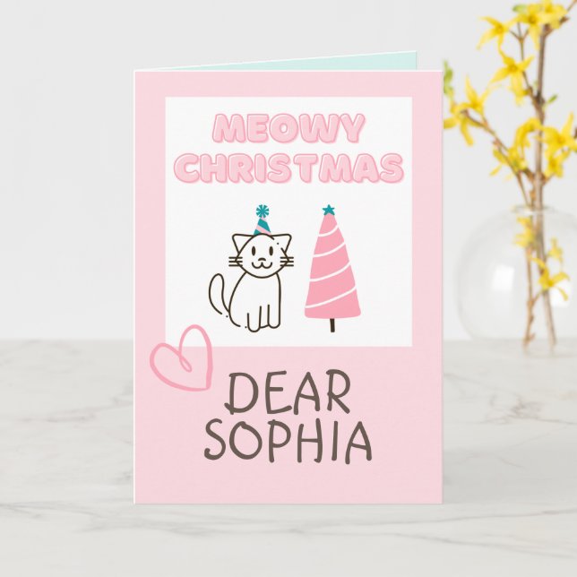 Cartão Lindo Gato de Chapéu e Árvore Feliz Natal Pastel (Flor Amarela)