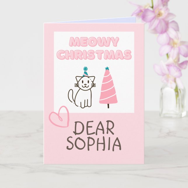 Cartão Lindo Gato de Chapéu e Árvore Feliz Natal Pastel C (Orquídea)