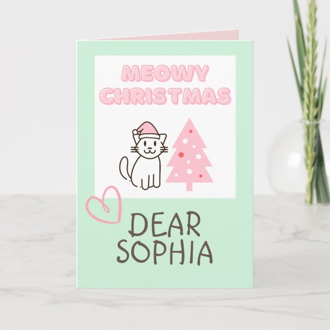 Cartão Lindo Gato de Chapéu e Árvore Feliz Natal Pastel C (Frente)
