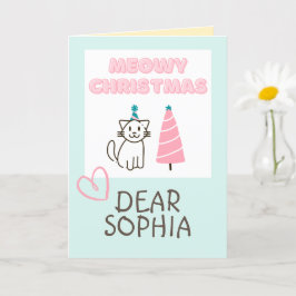 Cartão Lindo Gato de Chapéu e Árvore Feliz Natal Pastel C