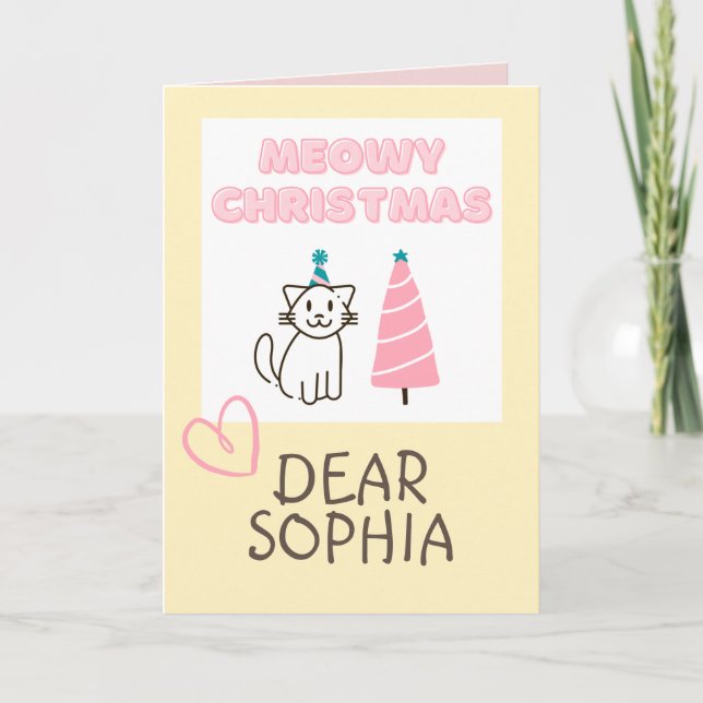 Cartão Lindo Gato de Chapéu e Árvore Feliz Natal Pastel C (Frente)