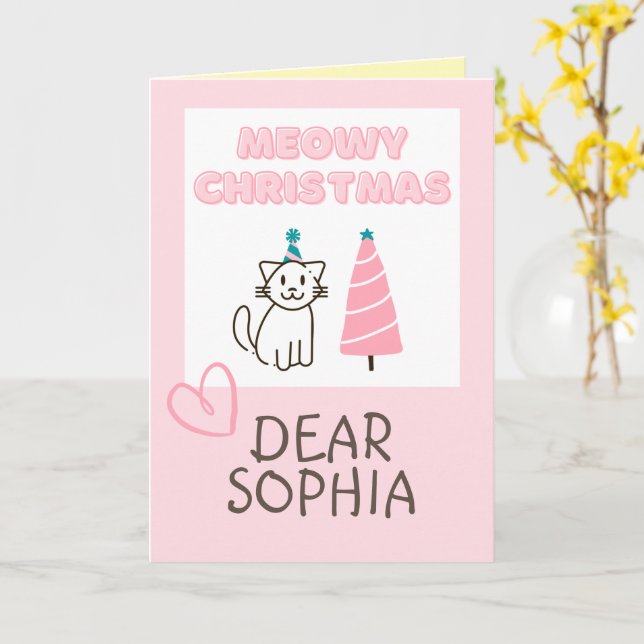 Cartão Lindo Gato de Chapéu e Árvore Feliz Natal Pastel C (Flor Amarela)