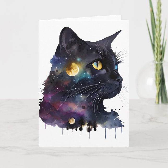 Cartão Lindo Gato Espacial Preto Cósmico Aquarela (Frente)