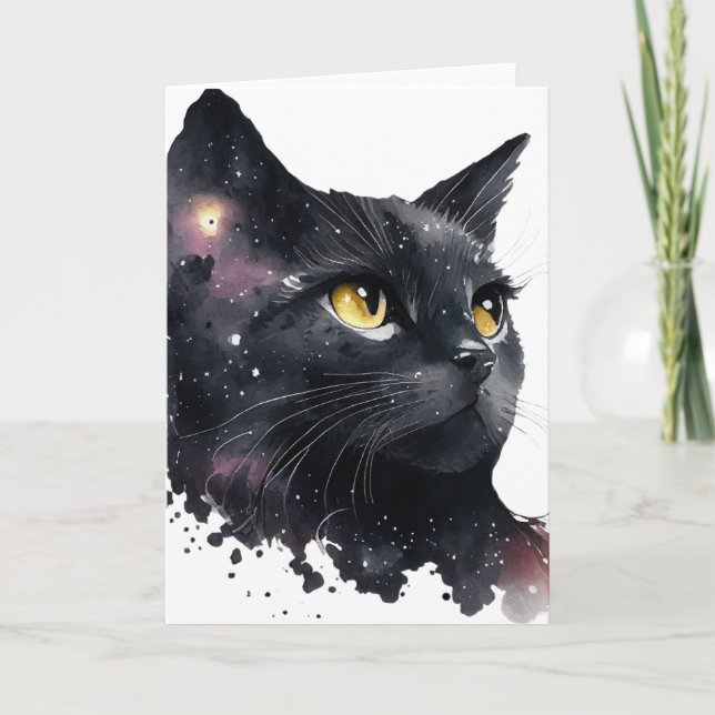 Cartão Lindo Gato Preto Cósmico Aquarela (Frente)