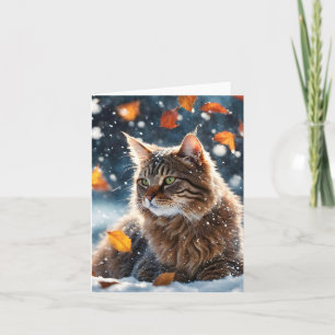 Cartão Lindo Gato Tabby Cinza Folhas de Outono em Branco 