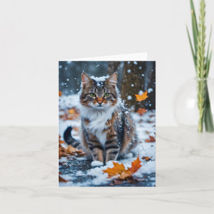 Cartão Lindo Gato Tabby Cinza Folhas de Outono em Branco
