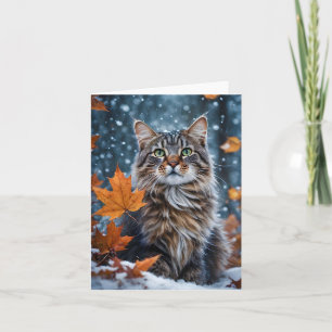 Cartão Lindo Gato Tabby Cinza Folhas de Outono em Branco 