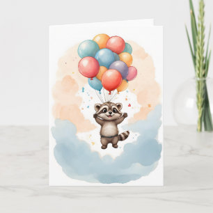 Cartão Lindo Guaxinim Aquarela Balões Coloridos Branco