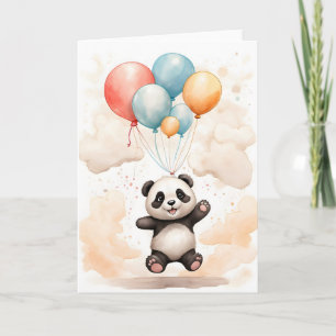 Cartão Lindo Panda Aquarela Balões Amarelos Azuis Fundo B