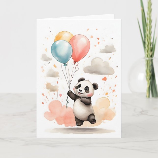 Cartão Lindo Panda Aquarela Balões Amarelos e Azuis Fundo (Frente)