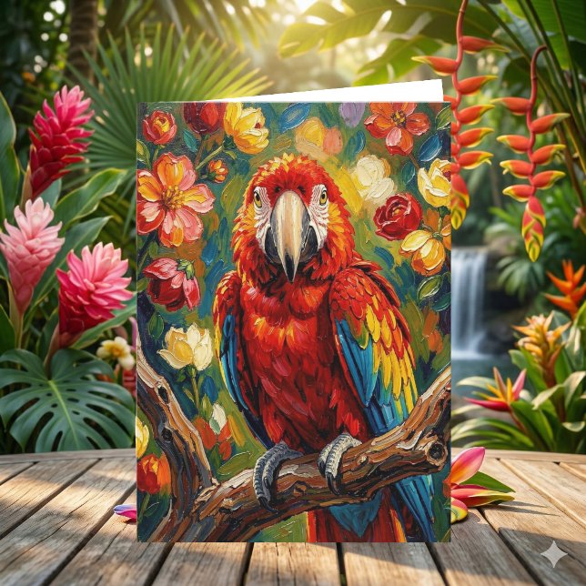 Cartão Lindo Papagaio Arara em Impasto | Pensando em Você (Criador carregado)