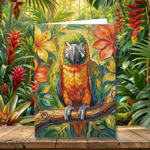 Cartão Lindo Papagaio Colorido com Impasto   Feliz Aniver