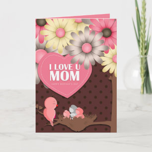 Cartão Lindo passarinho rosa amarelo marrom floral Dia da