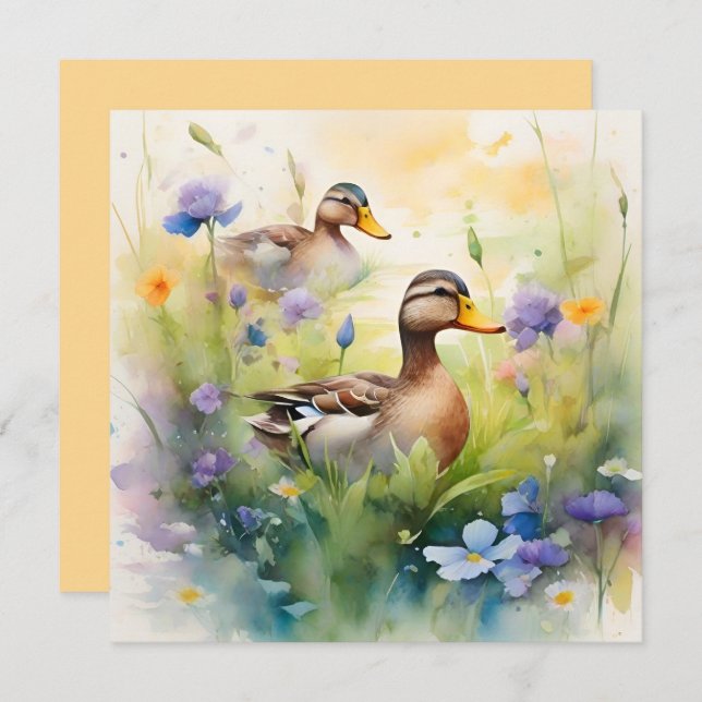 Cartão Lindo Pato Aquarela E Flores Silvestres Em Branco  (Frente/Verso)