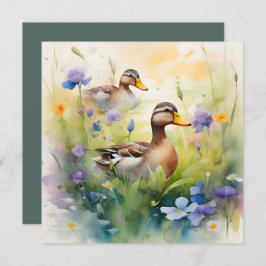 Cartão Lindo Pato Aquarela E Flores Silvestres Em Branco 