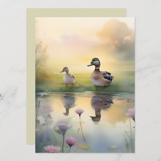 Cartão Lindo Pato Aquarela Reflexão em Branco  (Frente/Verso)