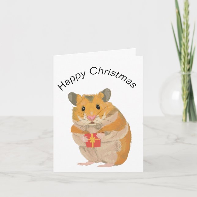 Cartão Lindo pequeno hamster de Natal segurando um presen (Frente)