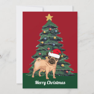 Cartão Lindo Pug de Natal com Chapéu de Papai Noel Vermel