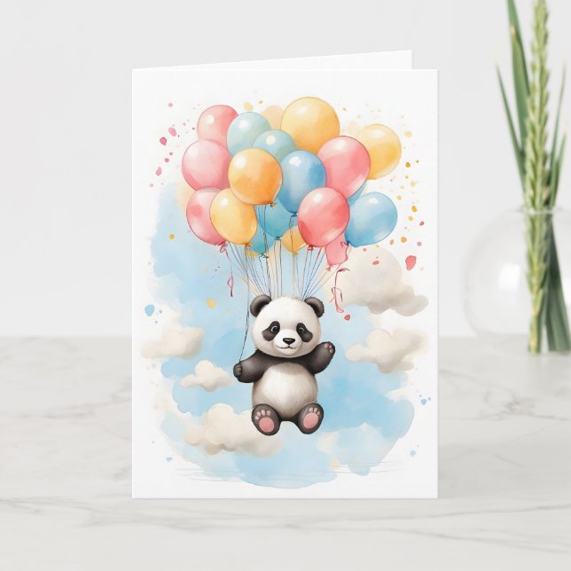 Cartão Lindo urso panda aquarela balões grandes em branco (Frente)