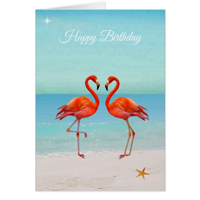 Cartão Lindos Flamingos na Carta de Aniversário de Praia (Frente)