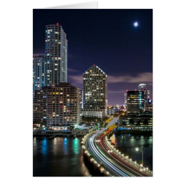 Cartão Linha Skyline da cidade de Miami com ponte à noite (Frente)