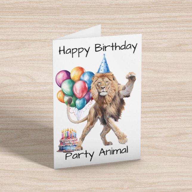 Cartão Lion Happy Birday Party Animal (Criador carregado)