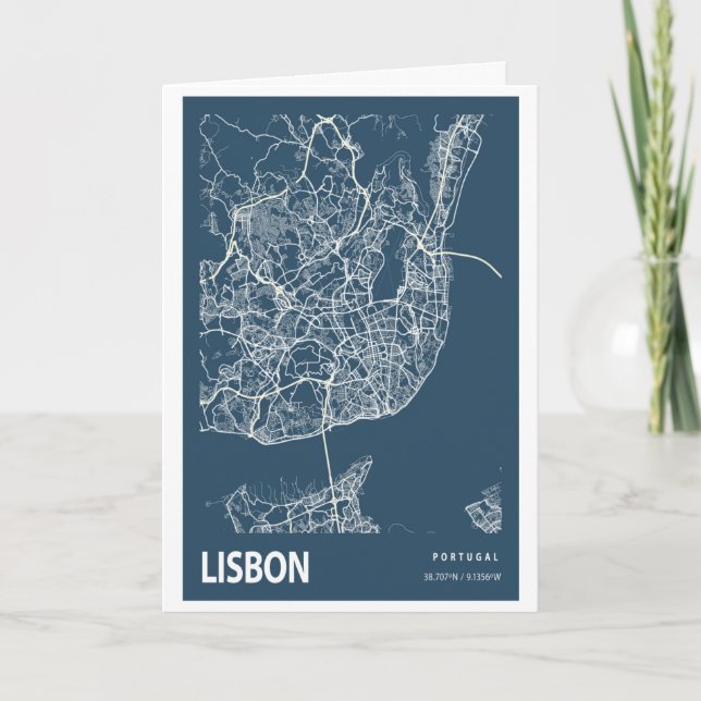 Cartão Lisboa Portugal - Mapa da Linha Art Blue Impressão (Frente)