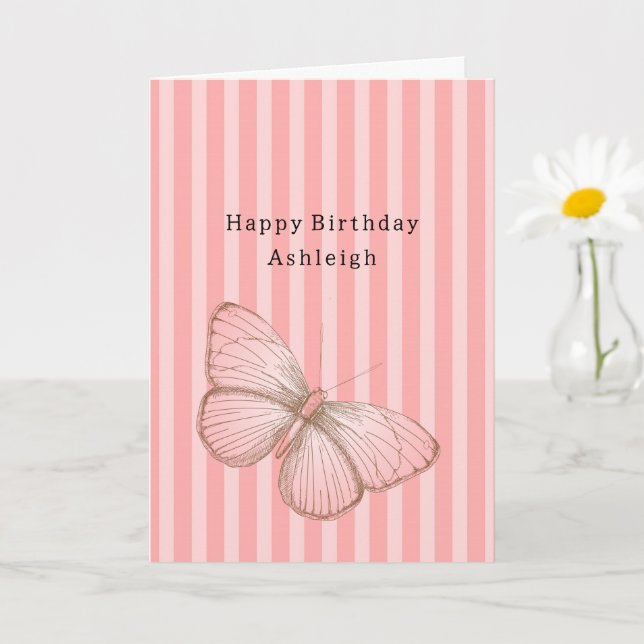 Cartão Listras Rosa com Aniversário de Borboleta (Planta pequena)