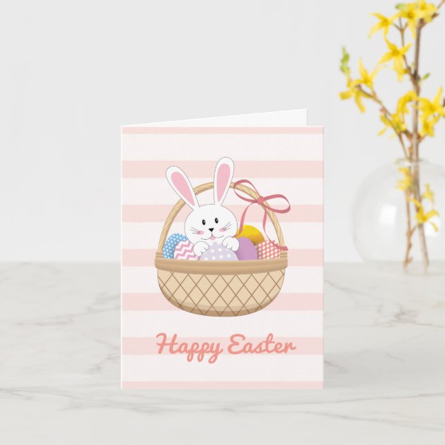 Cartão Listras Rosa E Brancas Coelho Da Páscoa No Cesto (Flor Amarela)