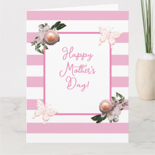 Cartão Listras Rosa e Branco Floral Pérola Dia das Mães