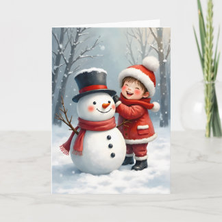 Cartão Little Boy Building a Snowman Blank Christmas