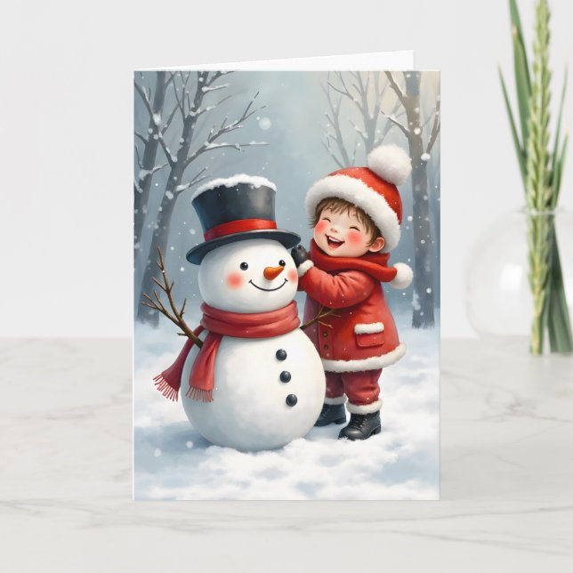 Cartão Little Boy Building a Snowman Blank Christmas  (Frente)