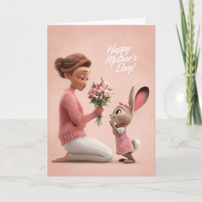 Cartão Little Bunny in Pink Bringing Mother's Day Flowers (Frente)