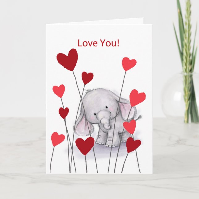 Cartão Little cute elephant with red heart, love you (Frente)
