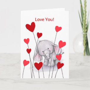 Cartão Little cute elephant with red heart, love you