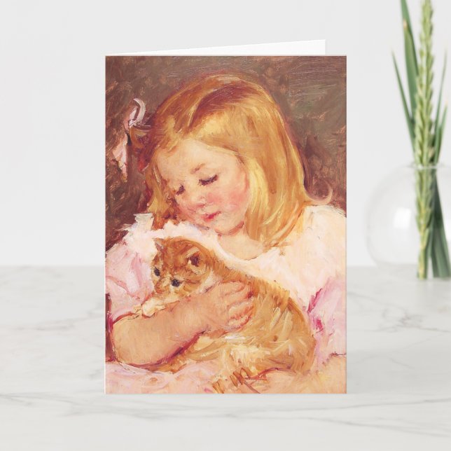 Cartão Little Girl with Cat Greeting Card (Frente)