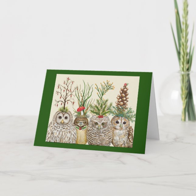 Cartão Little Owls with Holiday hats Folded Greeting Card (Frente)