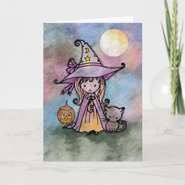 Cartão Little Witch and Cat Halloween Card (Frente)