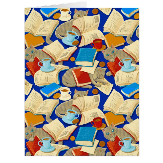 Cartão Livros e gatos em azul (Frente)