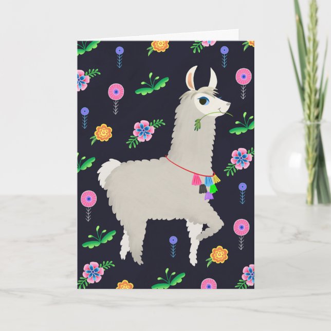 Cartão Llama com Flores Aniversário (Frente)