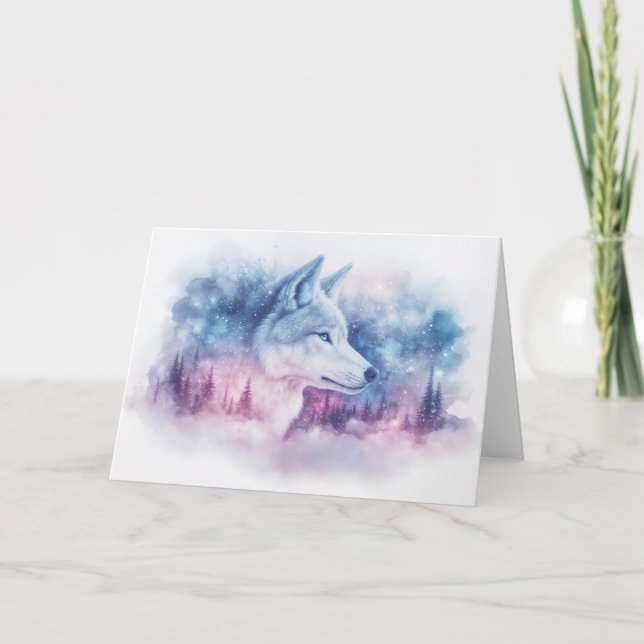 Cartão Lobo Celestial na Floresta Nevada (Frente)