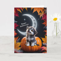 Lobo Fofo Branco com Lua Crescente Noturna de Outo
