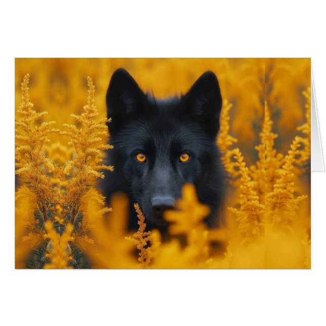 Cartão Lobo Negro Cachorro com Dentro Vazio Dourado (Frente Horizontal)